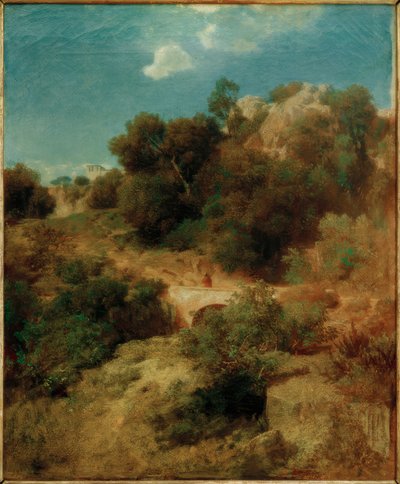 Rocky Mountain Landscape with Bridge by Arnold Böcklin